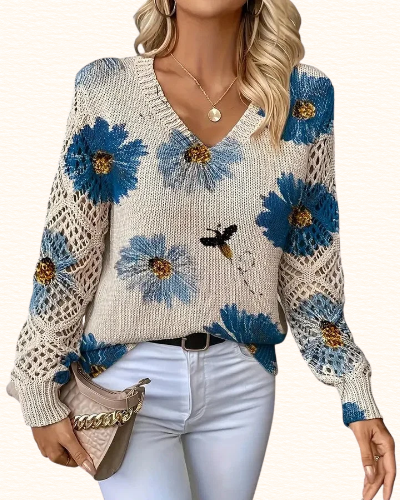 Pull Fleuri Pour Femme | Col V Et Manches Ajourées