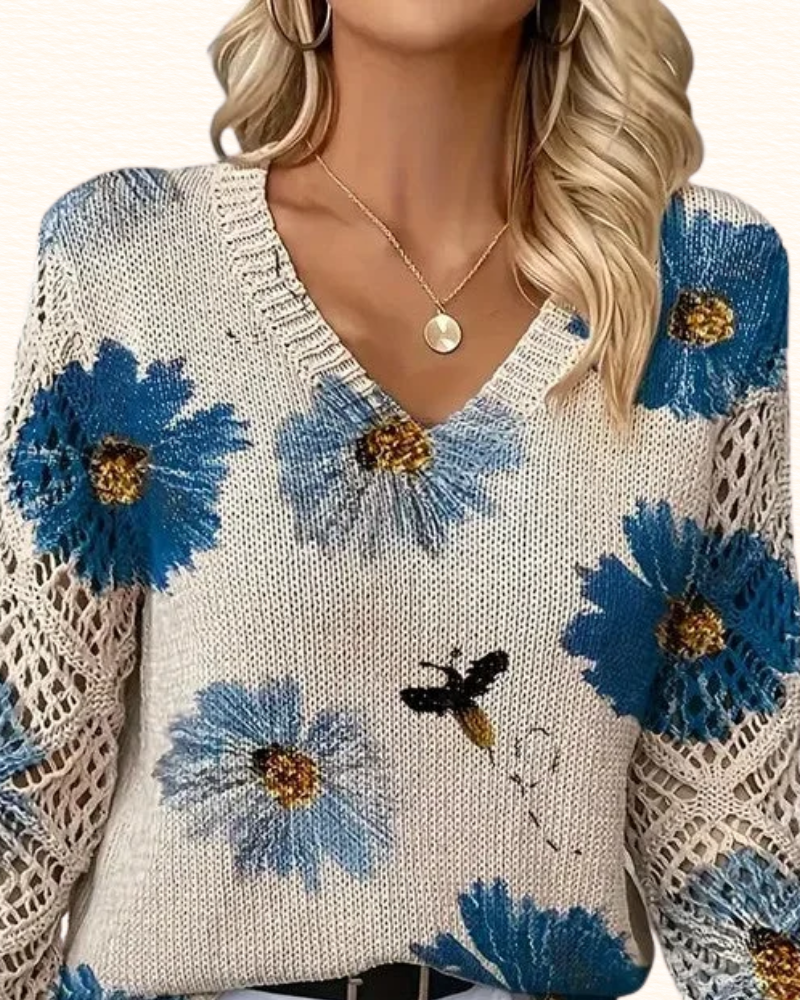 Pull Fleuri Pour Femme | Col V Et Manches Ajourées
