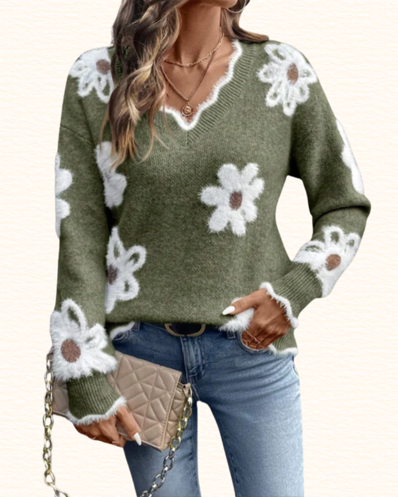 Pull À Motifs De Marguerites Pour Femme | Col V