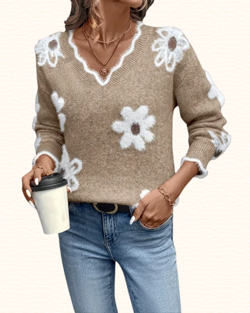 Pull À Motifs De Marguerites Pour Femme | Col V