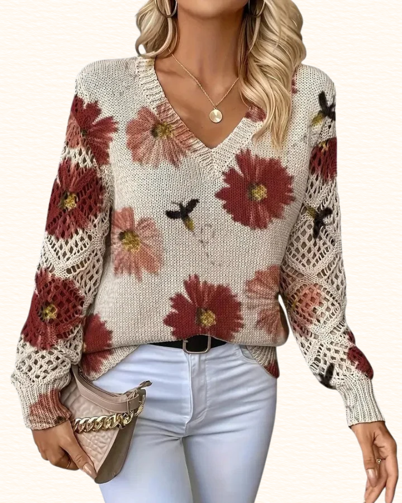 Pull Fleuri Pour Femme | Col V Et Manches Ajourées