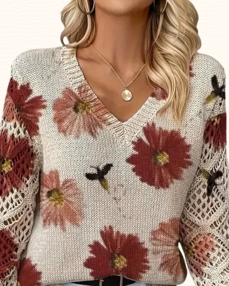 Pull Fleuri Pour Femme | Col V Et Manches Ajourées