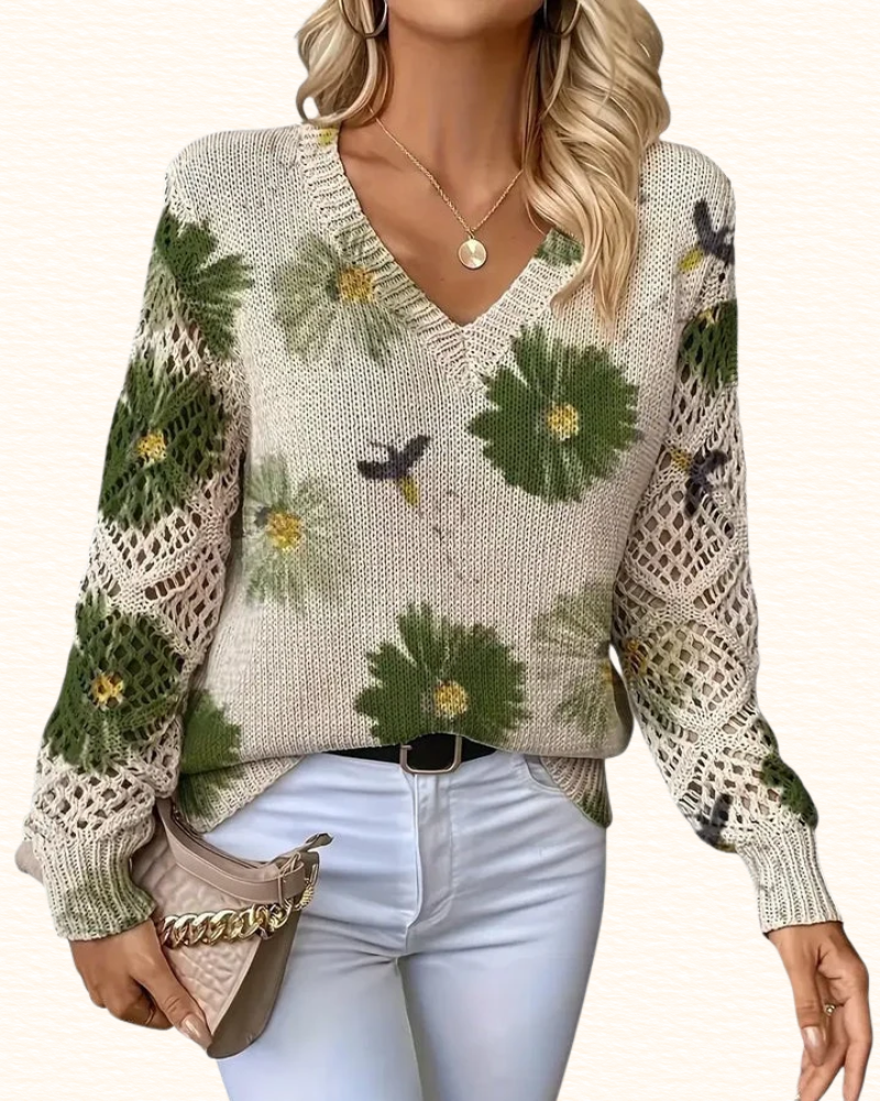 Pull Fleuri Pour Femme | Col V Et Manches Ajourées