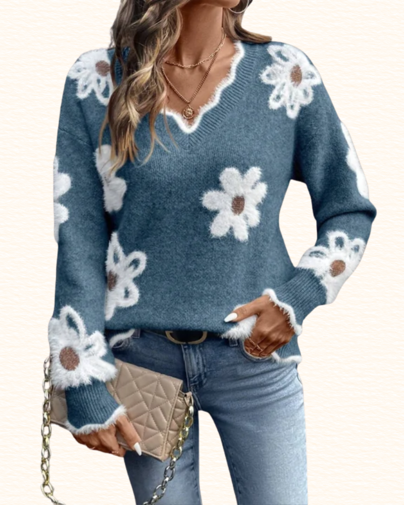 Pull À Motifs De Marguerites Pour Femme | Col V