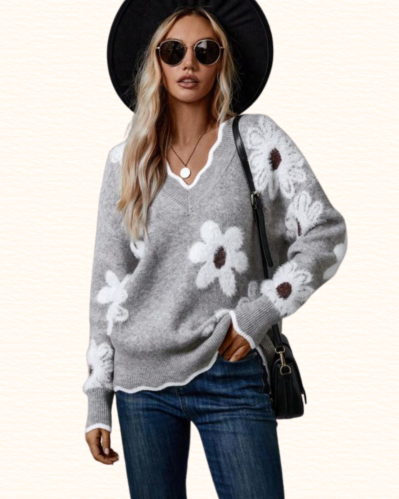 Pull À Motifs De Marguerites Pour Femme | Col V