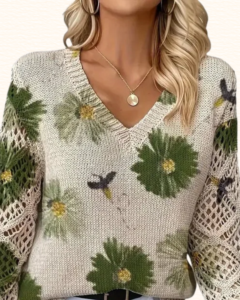 Pull Fleuri Pour Femme | Col V Et Manches Ajourées
