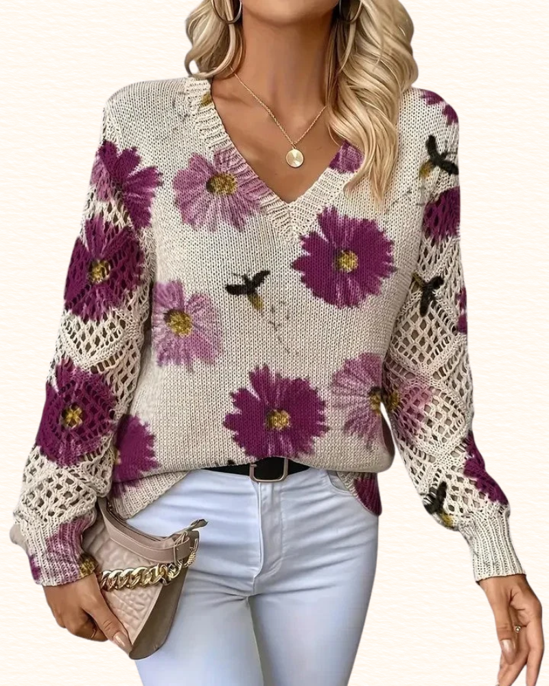 Pull Fleuri Pour Femme | Col V Et Manches Ajourées