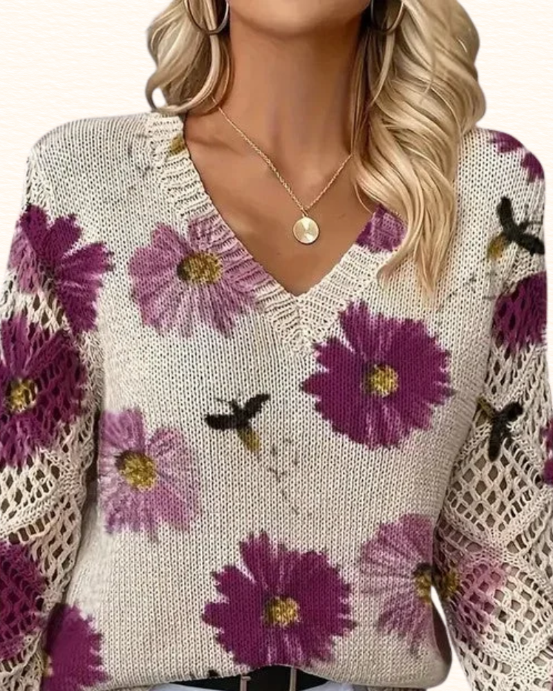 Pull Fleuri Pour Femme | Col V Et Manches Ajourées