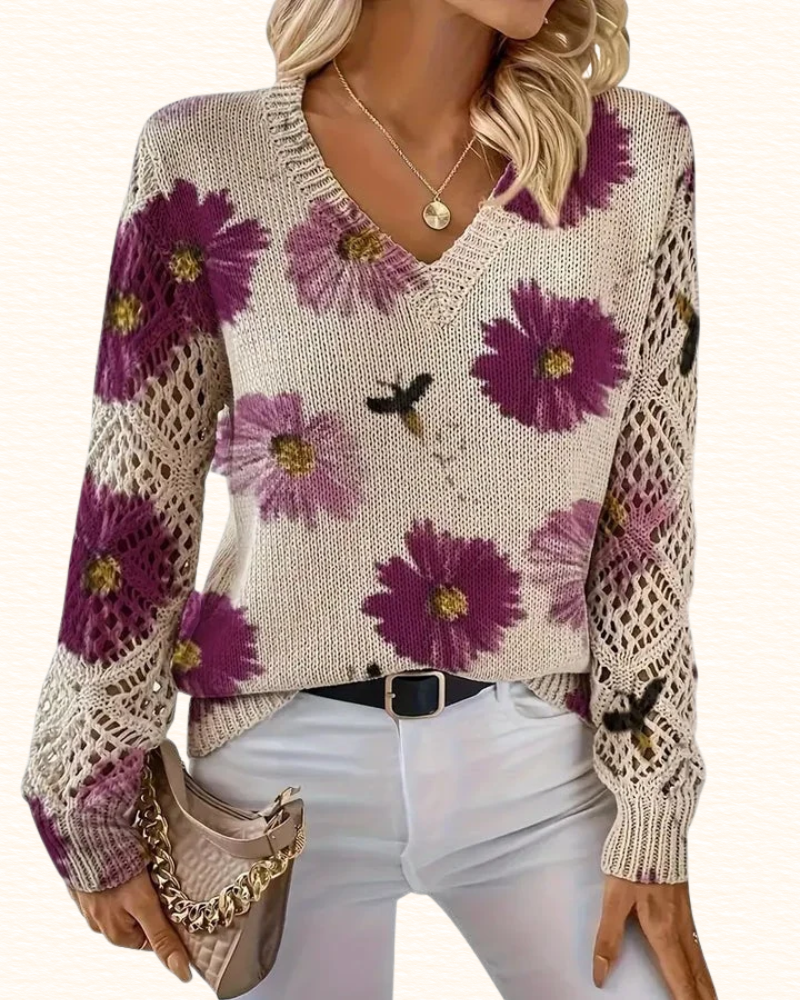 Pull Fleuri Pour Femme | Col V Et Manches Ajourées